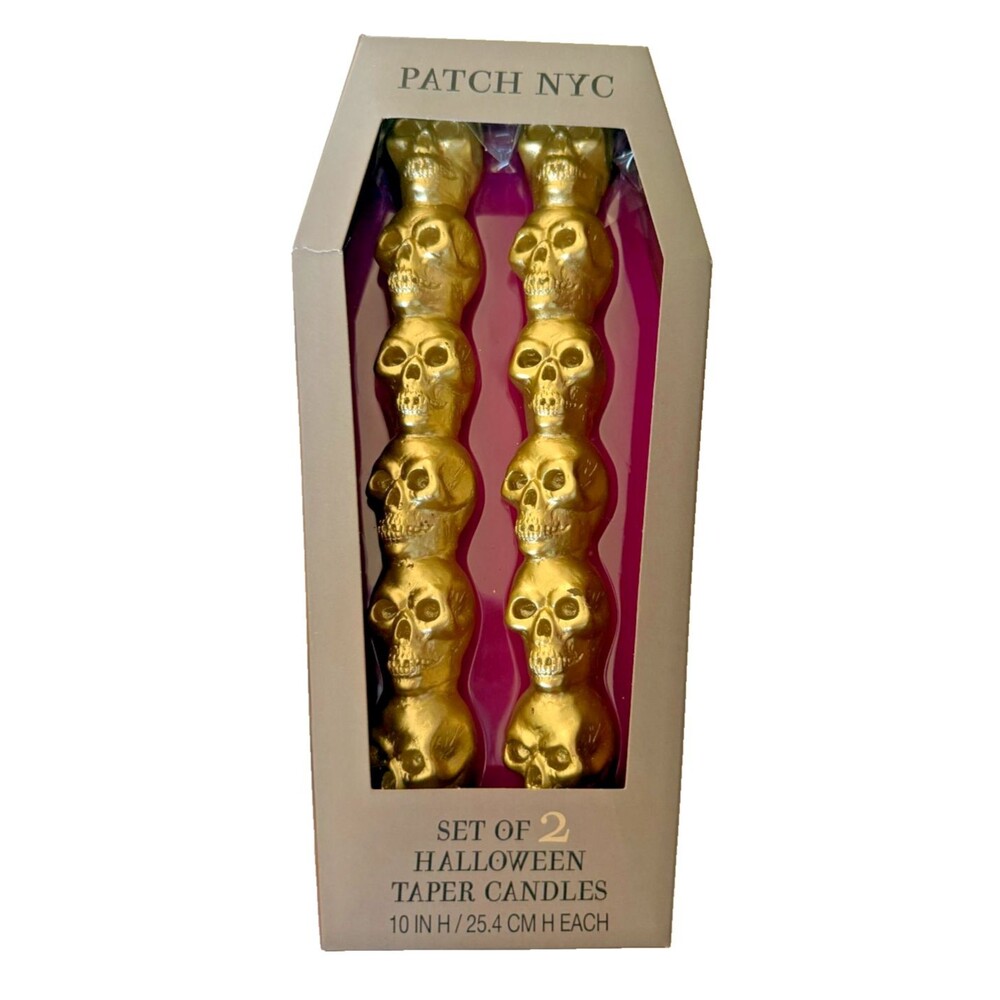 Halloween Gold Stacked Skulls Taper Candles 10" Set of 2 Patch NYC Party Decor